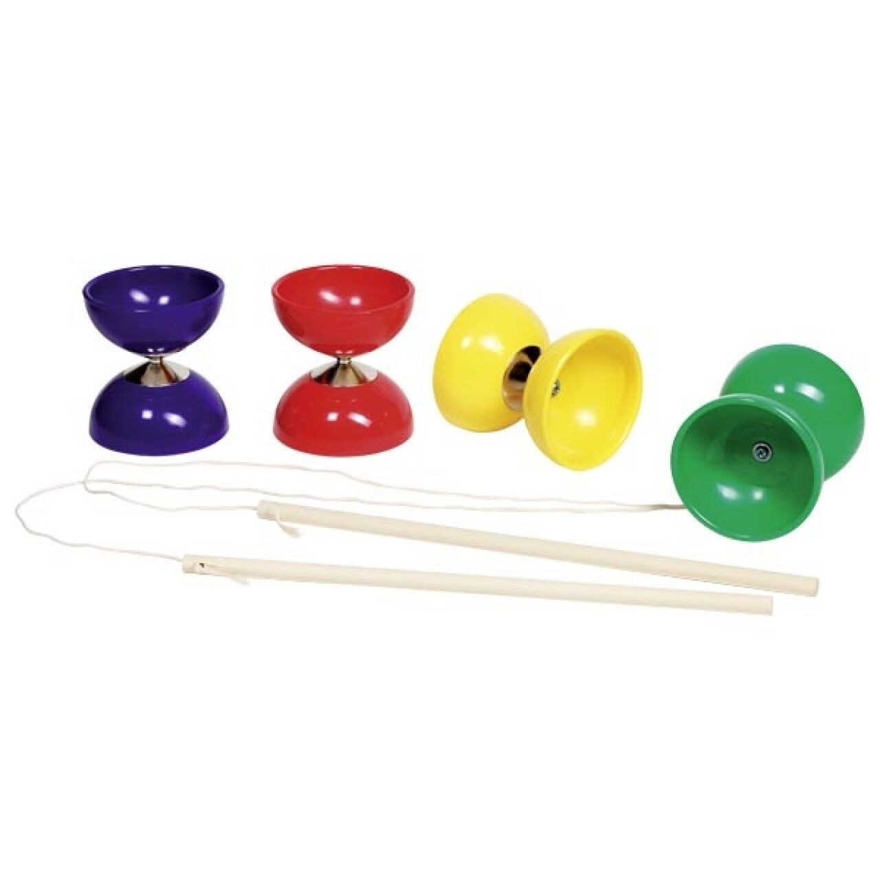 Conjunto de quatro Diabolos em cores vibrantes (roxo, vermelho, amarelo, verde) com os respetivos paus de madeira e cordéis, prontos para jogar.