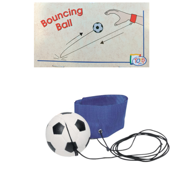 Jogo tradicional Goki 'Vai e Vem' com pulseira vermelha e bola de futebol, ideal para coordenação motora.