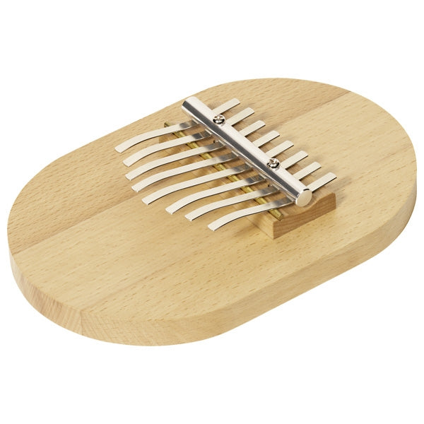 Kalimba Goki de 8 lâminas metálicas, com base em madeira clara, apresentada isoladamente.