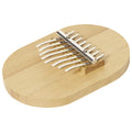 Kalimba Goki de 8 lâminas metálicas, com base em madeira clara, apresentada isoladamente.
