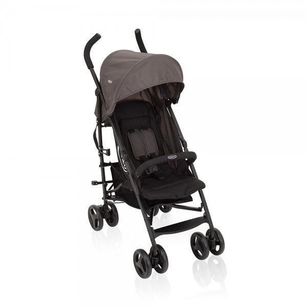 Graco Travelite carrinho de passeio bengala leve, aberto, em cor escura, mostrando o assento reclinável e arnês de segurança.