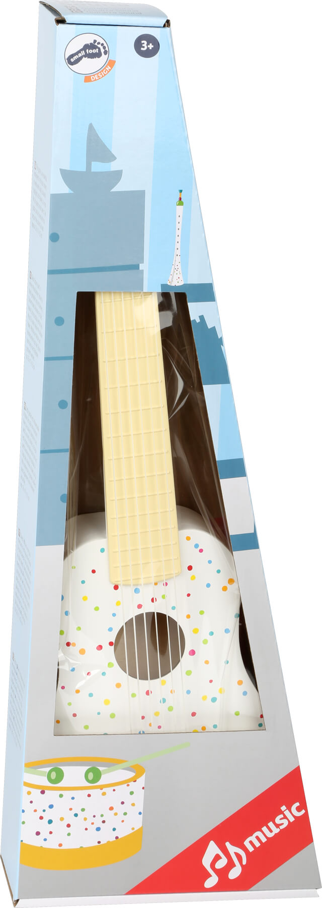 Guitarra infantil branca da Small Foot com padrão de pontos coloridos e braço com riscas arco-íris.