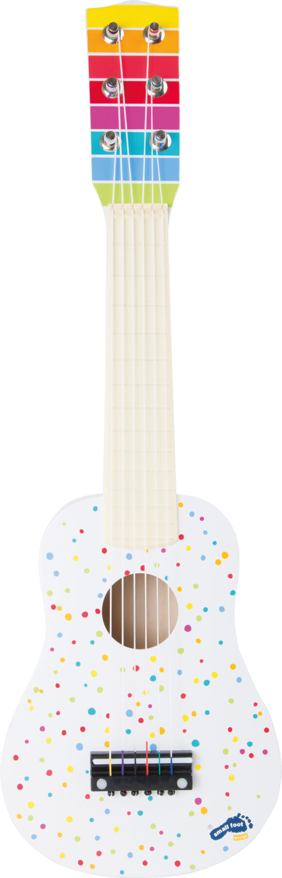 Guitarra infantil branca da Small Foot com padrão de pontos coloridos e braço com riscas arco-íris.