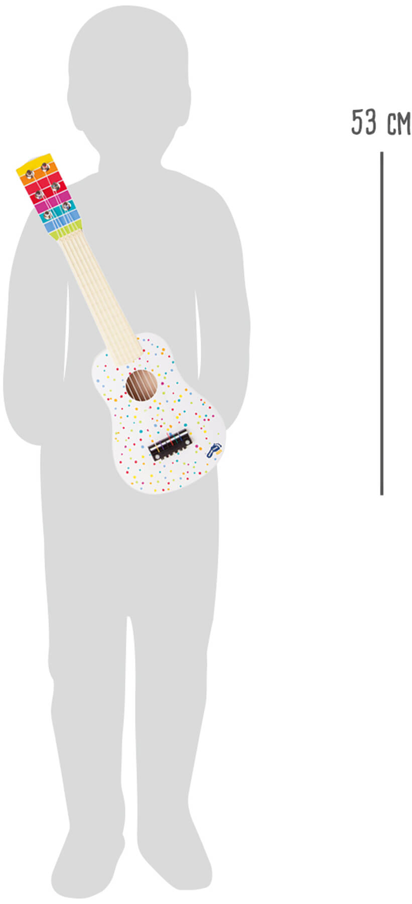 Ilustração de uma criança segurando a guitarra infantil Small Foot, com indicação do tamanho de 53 cm.