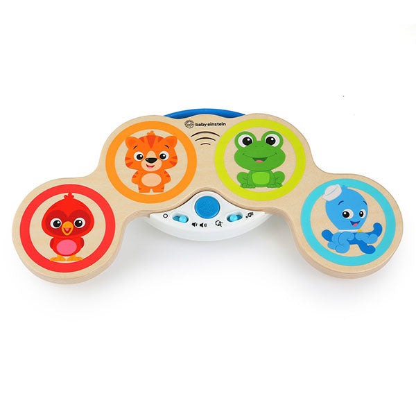 Detalhe dos Tambores Mágicos Hape Baby Einstein, evidenciando os personagens Baby Einstein e os controlos de volume.