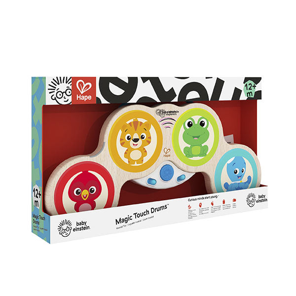 Embalagem dos Tambores Mágicos Hape Baby Einstein, mostrando o design colorido e a indicação de idade recomendada (12+ meses).