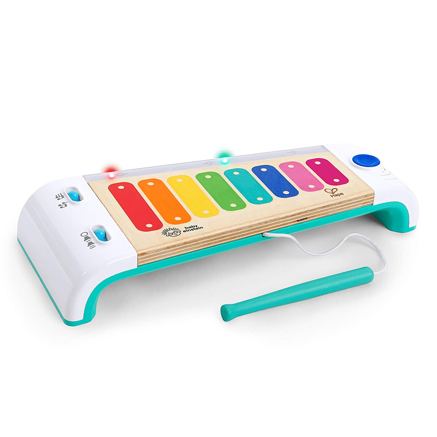 Xilofone Mágico Hape Baby Einstein com teclas coloridas de madeira e vara.
