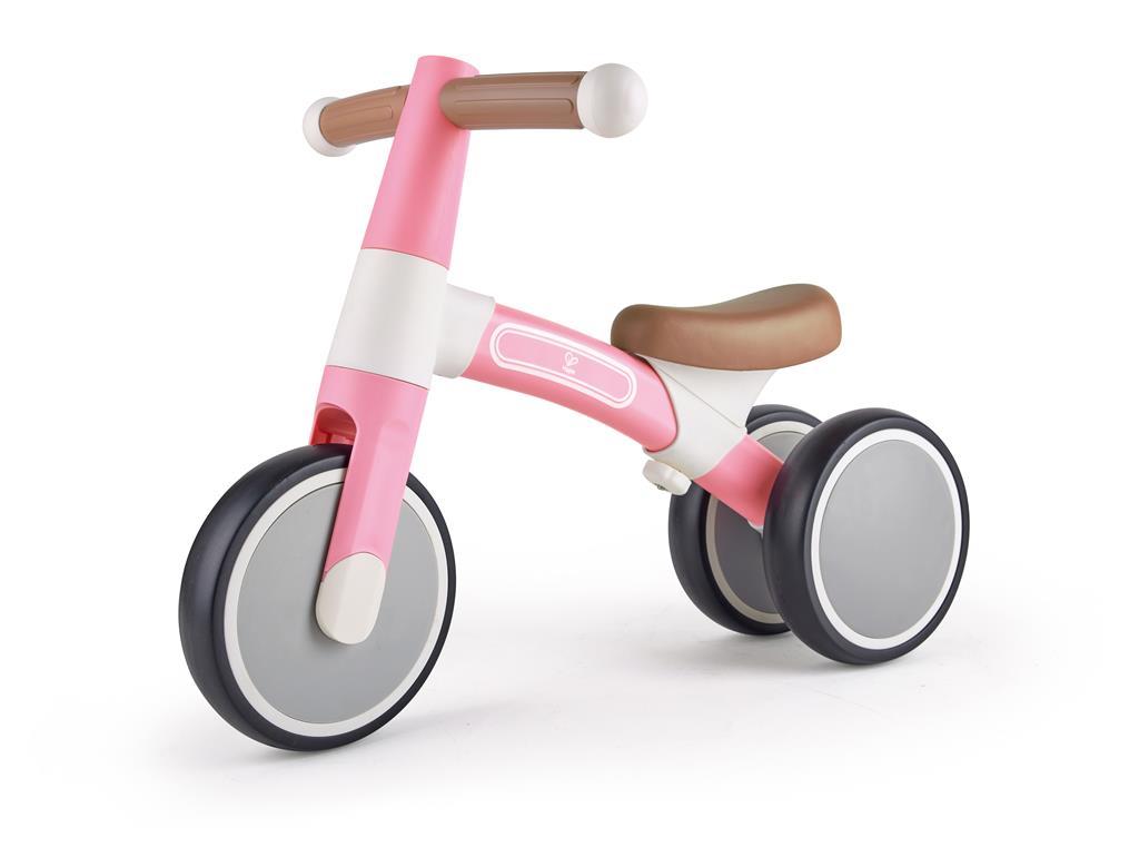 Visão lateral da bicicleta de equilíbrio Hape A minha primeira Vespa Rosa, destacando o design e os materiais seguros para crianças.