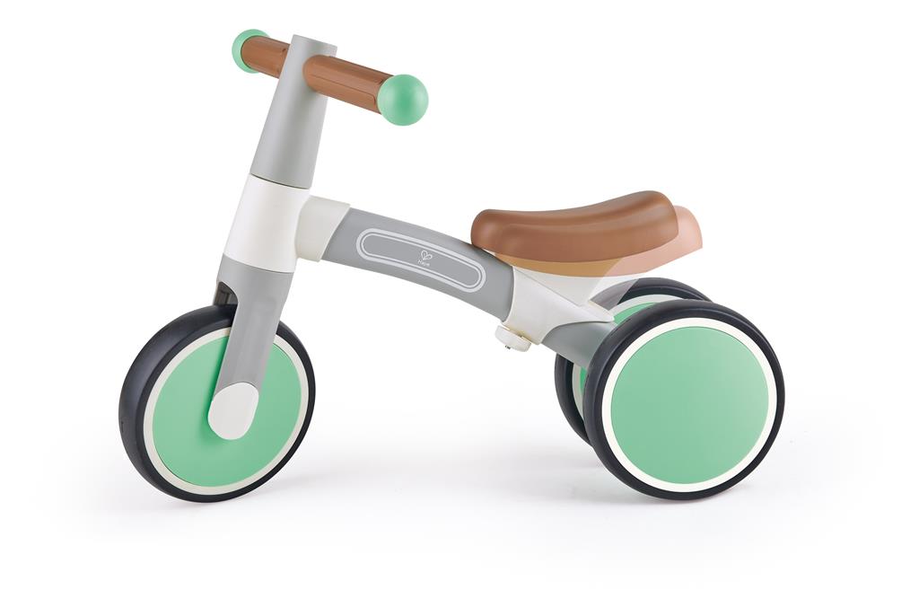 Bicicleta de equilíbrio Hape "A Minha Primeira Vespa" verde e cinza, vista frontal, destacando o design elegante e o guiador.