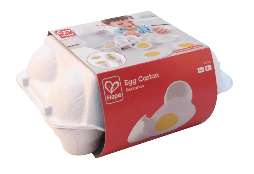 Caixa de cartão Hape para os seis ovos de brincar, com design realista para armazenamento e transporte.