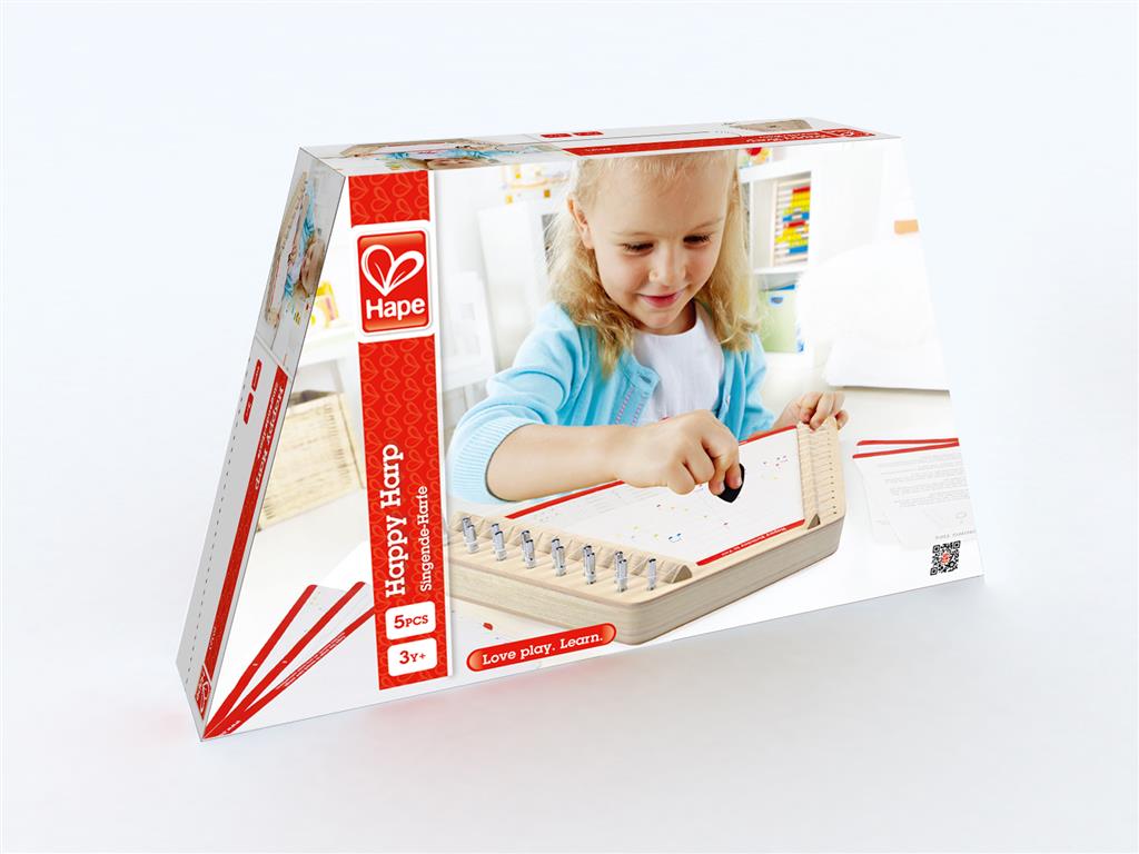 Embalagem da Hape Harpa com imagem de criança a tocar e indicação de idade 3+.