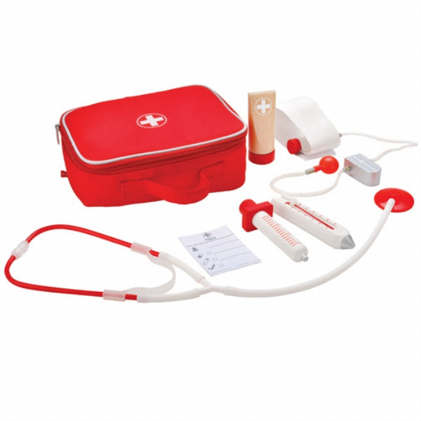 Conjunto completo da mala de médico Hape com estetoscópio, seringa, termómetro e outros acessórios em madeira e tecido.
