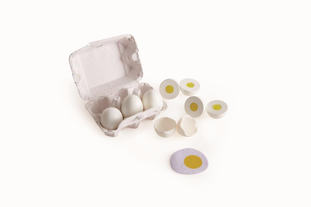 Ovos de brincar Hape com as cascas removíveis, permitindo simular a preparação realista na cozinha de brincar.