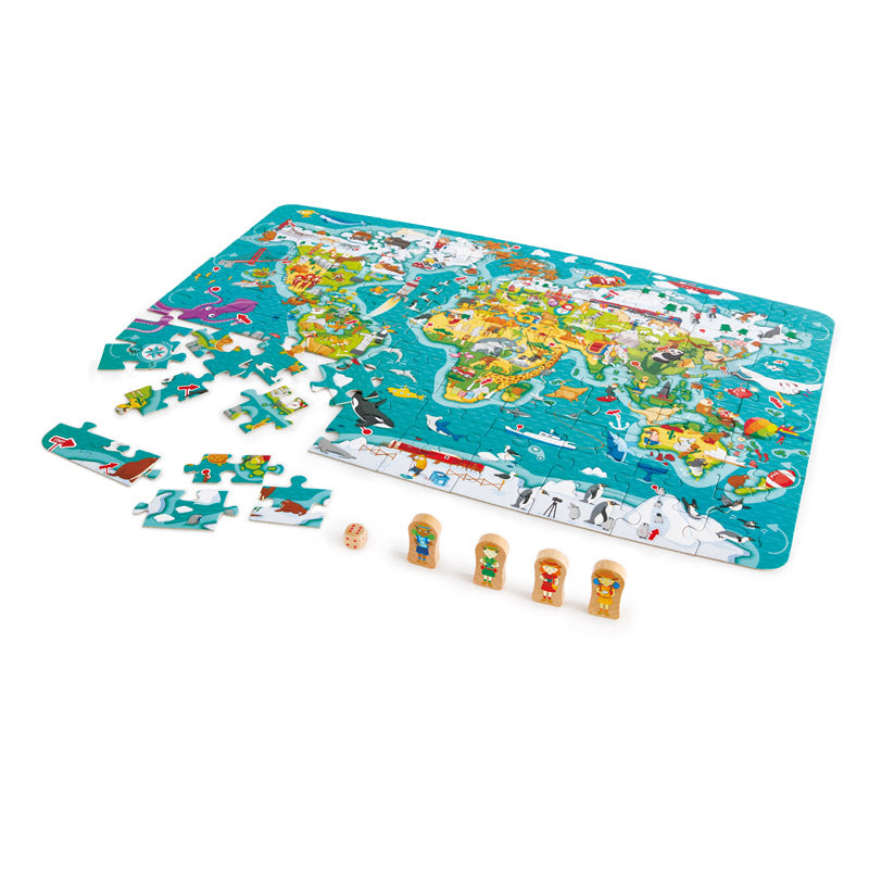 Vista da caixa do produto "Hape Puzzle de observação do mundo 2 em 1 com jogo", exibindo o conteúdo principal.