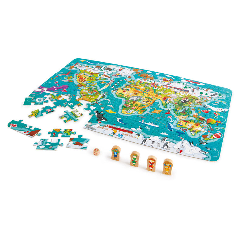 Puzzle Hape de 100 peças montado, mostrando um mapa colorido do mundo com animais e países em destaque.