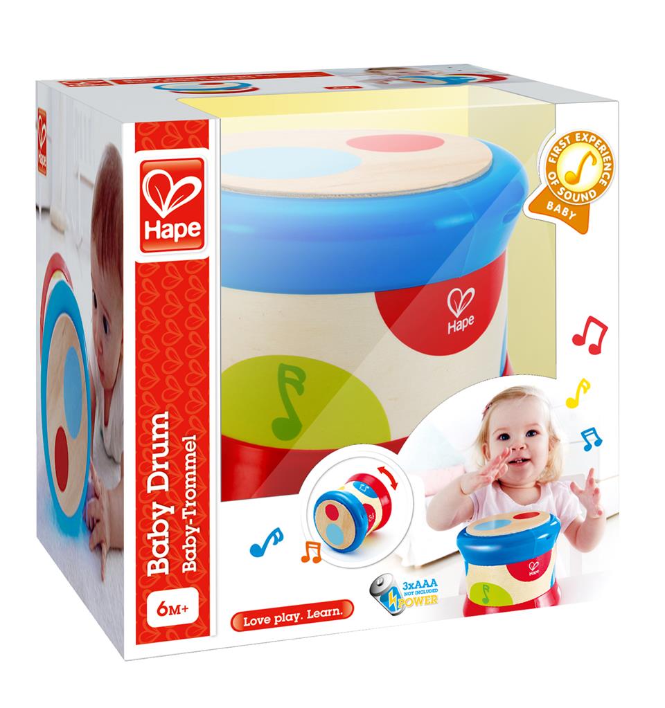 Embalagem do tambor de bebé Hape, indicando idade recomendada (6+ meses) e destacando a experiência sonora para o bebé.
