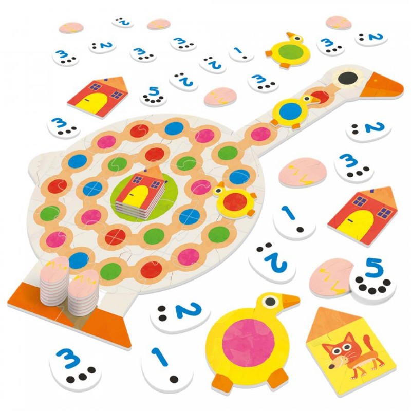 Componentes do jogo Headu - 123 GO espalhados, mostrando o tabuleiro, peões de ganso, fichas de números e ovos, e casas.
