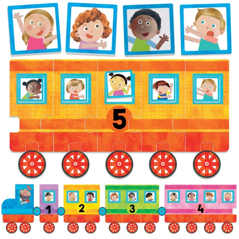 Peças do puzzle Headu Ecoplay – 123 Comboio dos números espalhadas, mostrando o comboio, os vagões numerados e as imagens das crianças.