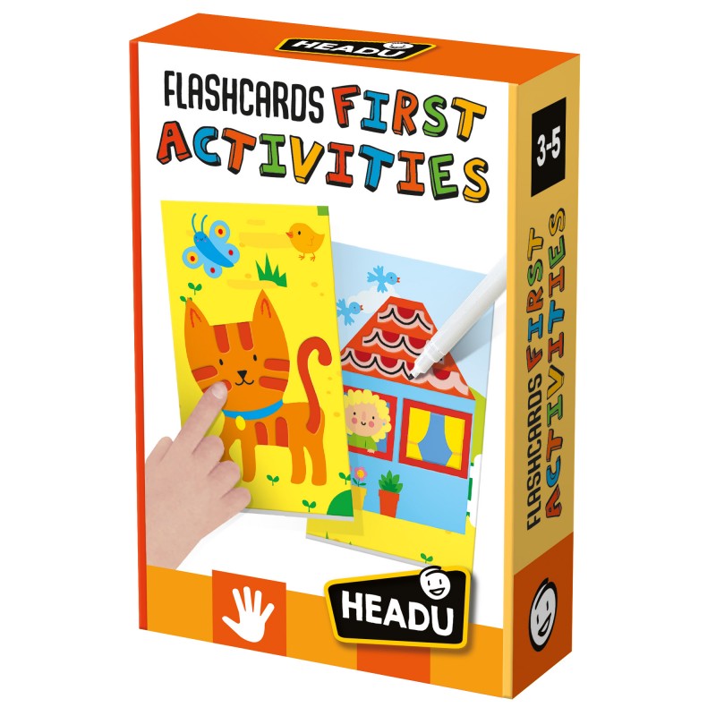Caixa colorida dos Headu - Flashcards Primeiras Atividades, mostrando um gato e uma casa ilustrados, com uma mão a apontar para o gato.