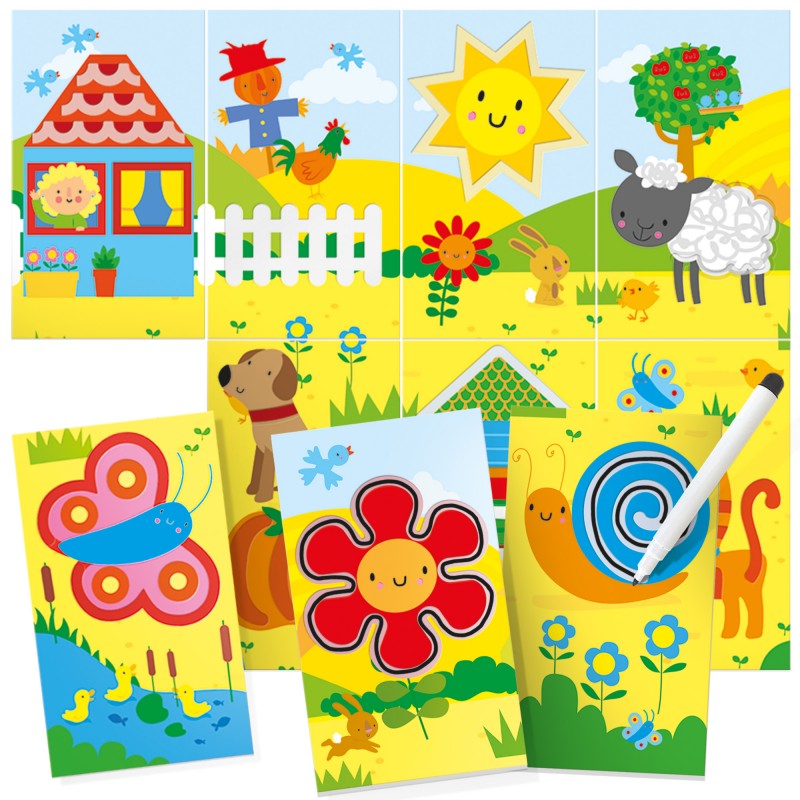 Conjunto de flashcards Headu Primeiras Atividades dispostos, mostrando ilustrações de animais, plantas e uma paisagem de quinta.