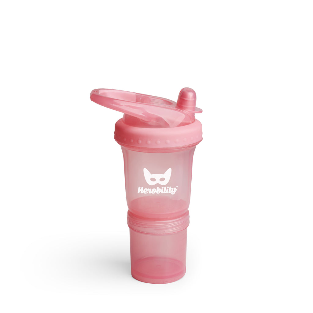 Copo Herobility Sport rosa de 140ml com palhinha e sistema anti-derrame.