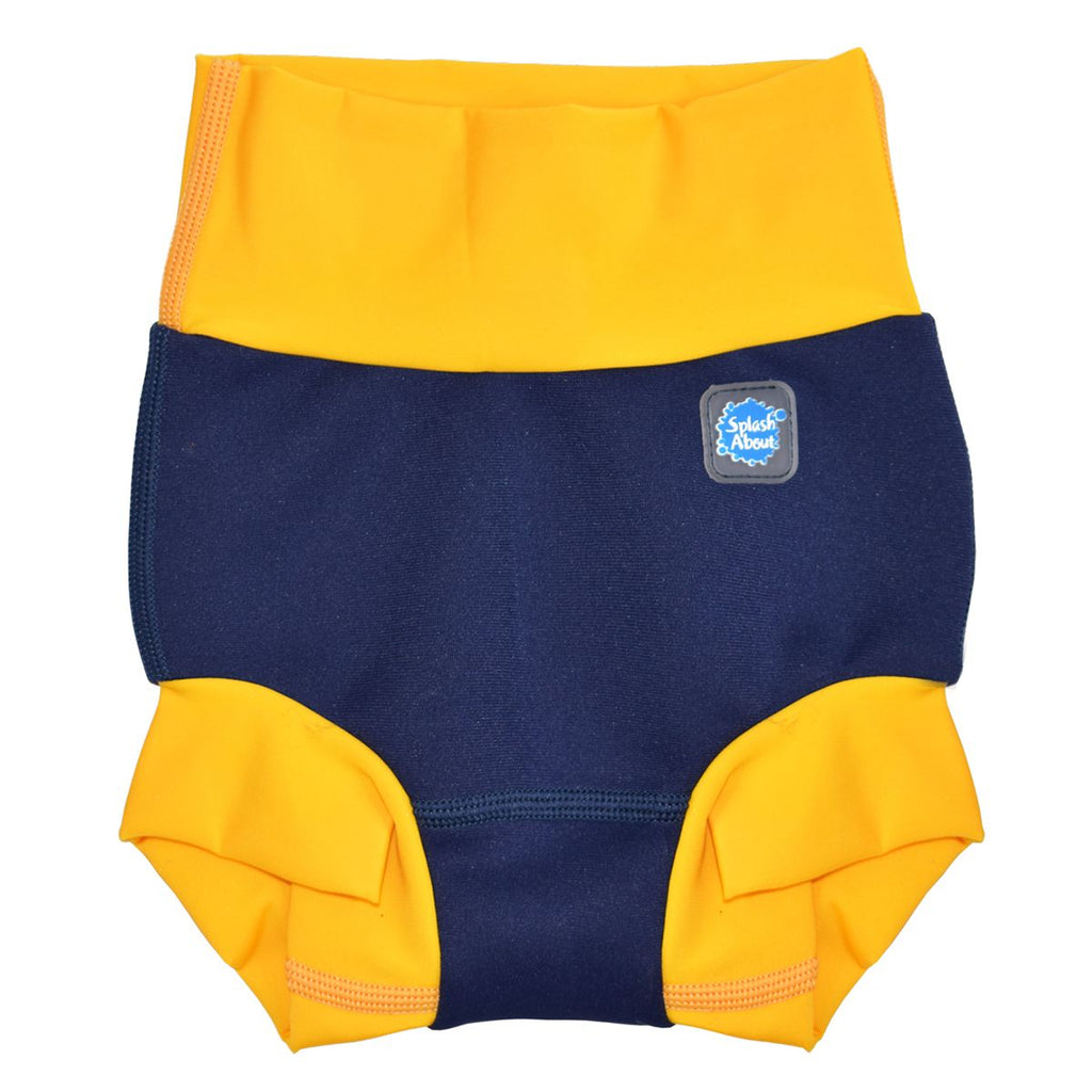 Fralda de natação reutilizável Splash About Happy Nappy DUO Navy/Yellow, vista frontal em fundo branco.