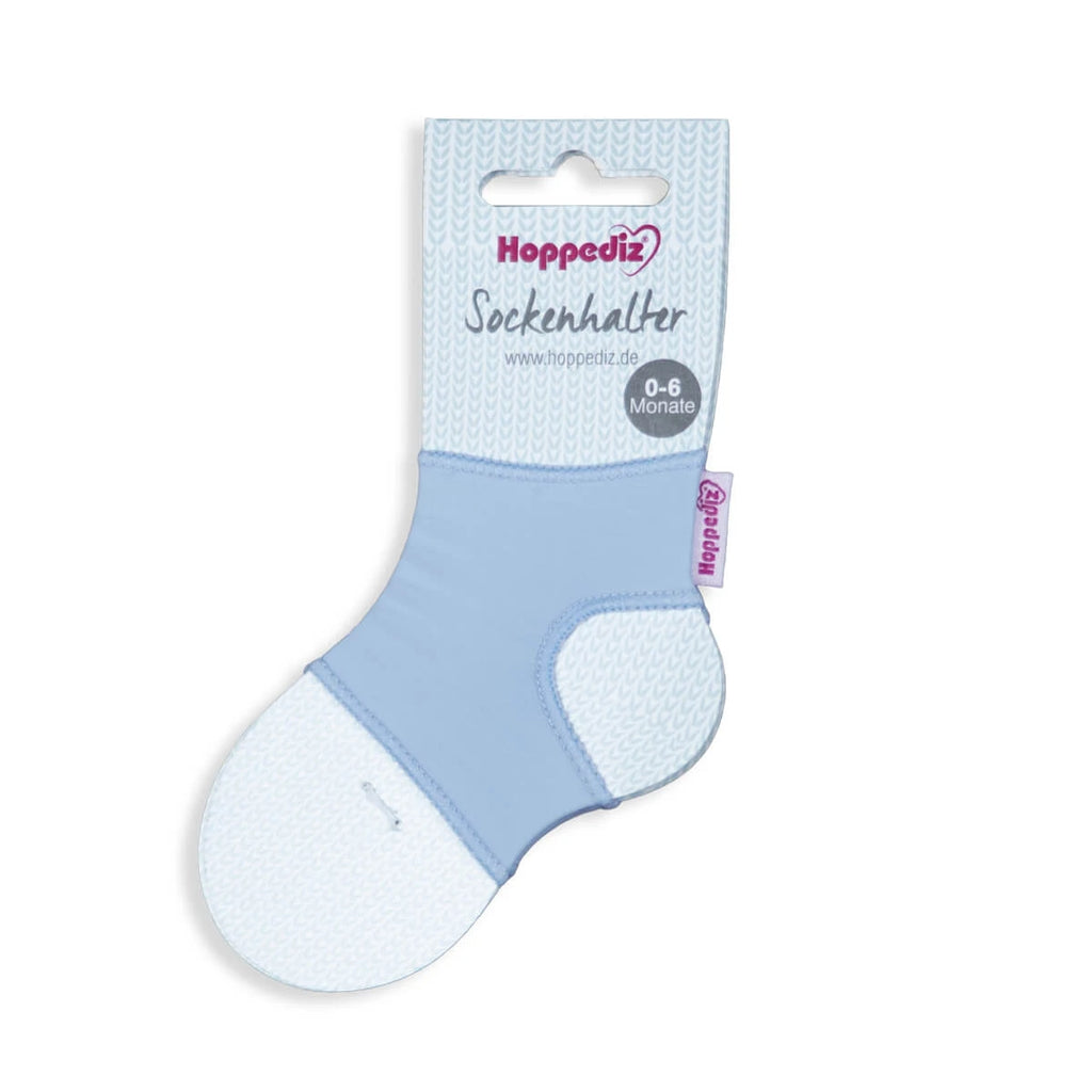 Par de suportes de meias Hoppediz Segura Meias em azul-claro, mantendo meias de bebé nos pés. Ideal para 0-6 meses.