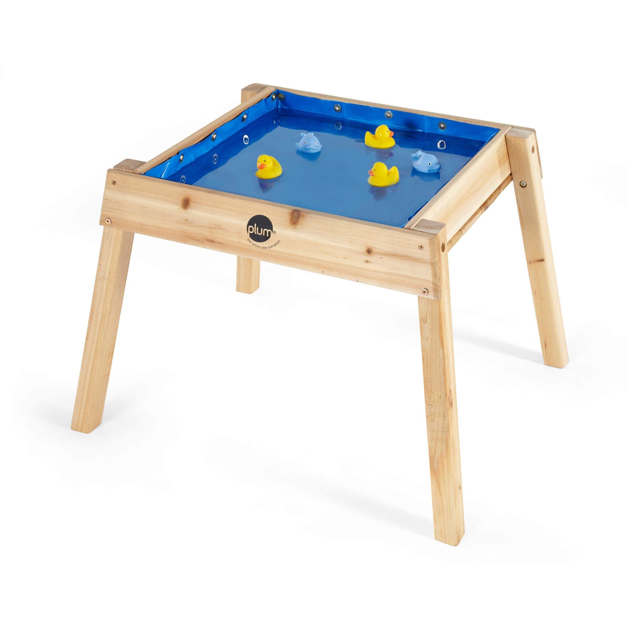 Mesa de madeira Plum multiusos para ar livre, com o forro azul preenchido com água e patinhos de borracha.