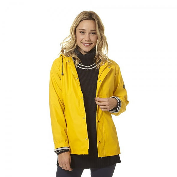 Parka Hublot impermeável para senhora em amarelo nymphea, vista frontal completa, destacando o design náutico e o fecho central.