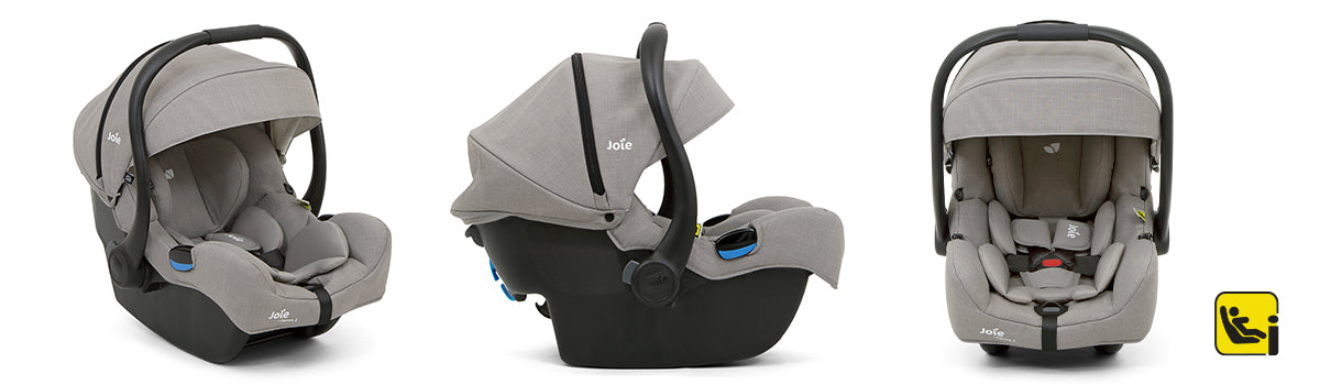 Três cadeiras auto Joie i-Gemm™ 3 cinzentas, uma com a capota aberta e outra com a capota fechada, vistas de lado.