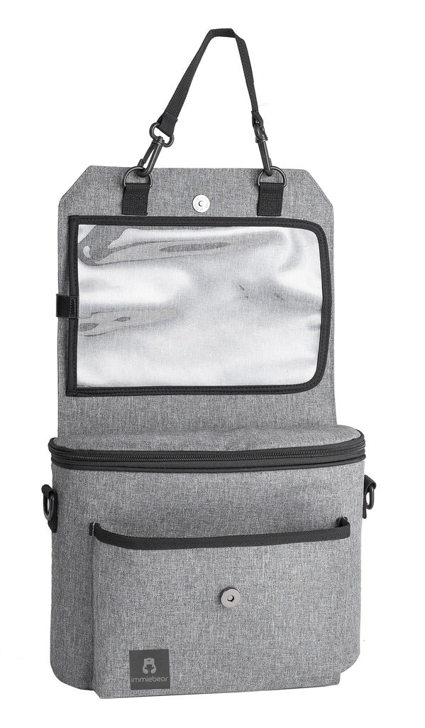 Organizador Immiebear 2 em 1 cinzento, isolado, mostrando o bolso transparente para tablet e as alças de fixação superiores.