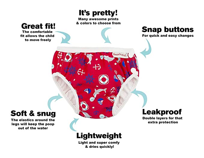 Vista traseira da fralda de banho ImseVimse com padrão de peixinhos, evidenciando o elástico confortável na cintura e nas pernas para evitar fugas.