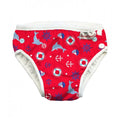 Fralda-cueca reutilizável de praia e piscina ImseVimse em vermelho com padrão náutico de golfinhos e âncoras.