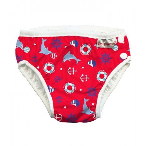 Fralda-cueca reutilizável de praia e piscina ImseVimse em vermelho com padrão náutico de golfinhos e âncoras.