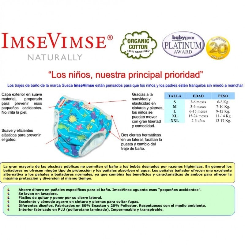 Tabela de tamanhos, idades e pesos para as fraldas de banho ImseVimse.