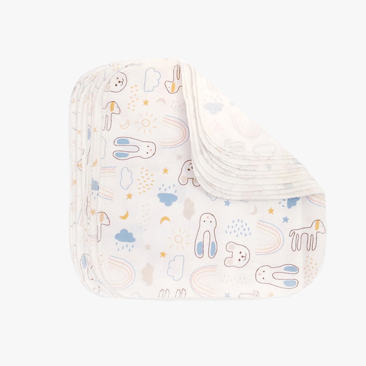 Conjunto de 10 toalhitas reutilizáveis ImseVimse com padrão infantil de ursinhos e arco-íris, em flanela de algodão orgânico.