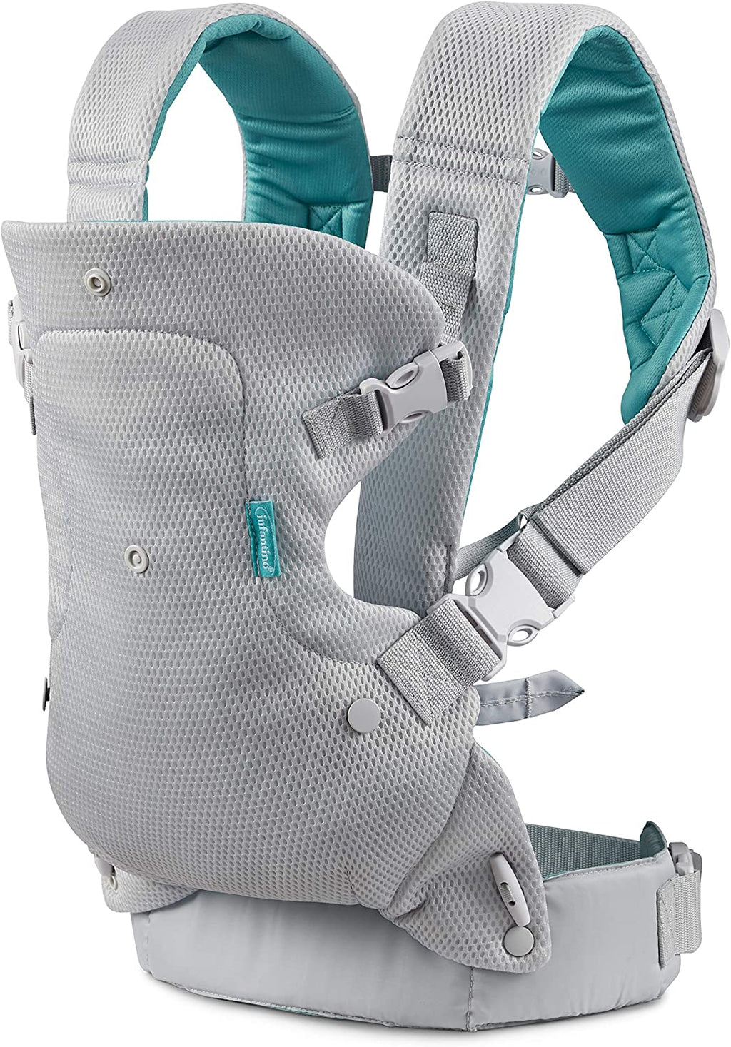 Mochila porta-bebés Infantino Flip 4 em 1, cor cinza claro, com malha respirável (BreathMesh), mostrando a posição virada para a frente.