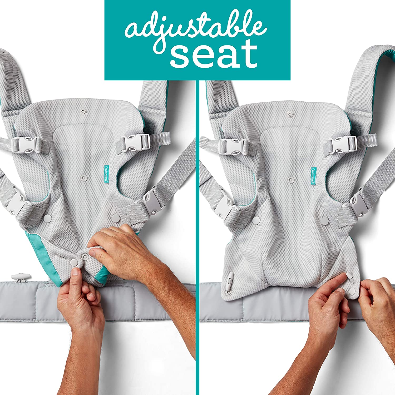 Detalhe do apoio de cabeça ajustável da mochila porta-bebés Infantino Flip, oferecendo suporte para a cabeça do bebé.