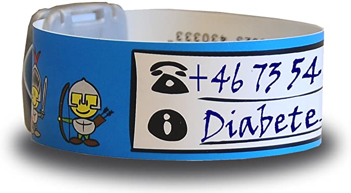 Imagem mostrando a pulseira Infoband em diferentes cores disponíveis (incluindo a de peixes), destacando o material hipoalergénico.