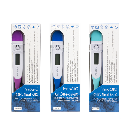 Termómetro digital InnoGio com ecrã LCD a exibir uma leitura de temperatura, destacando o corpo principal do aparelho.