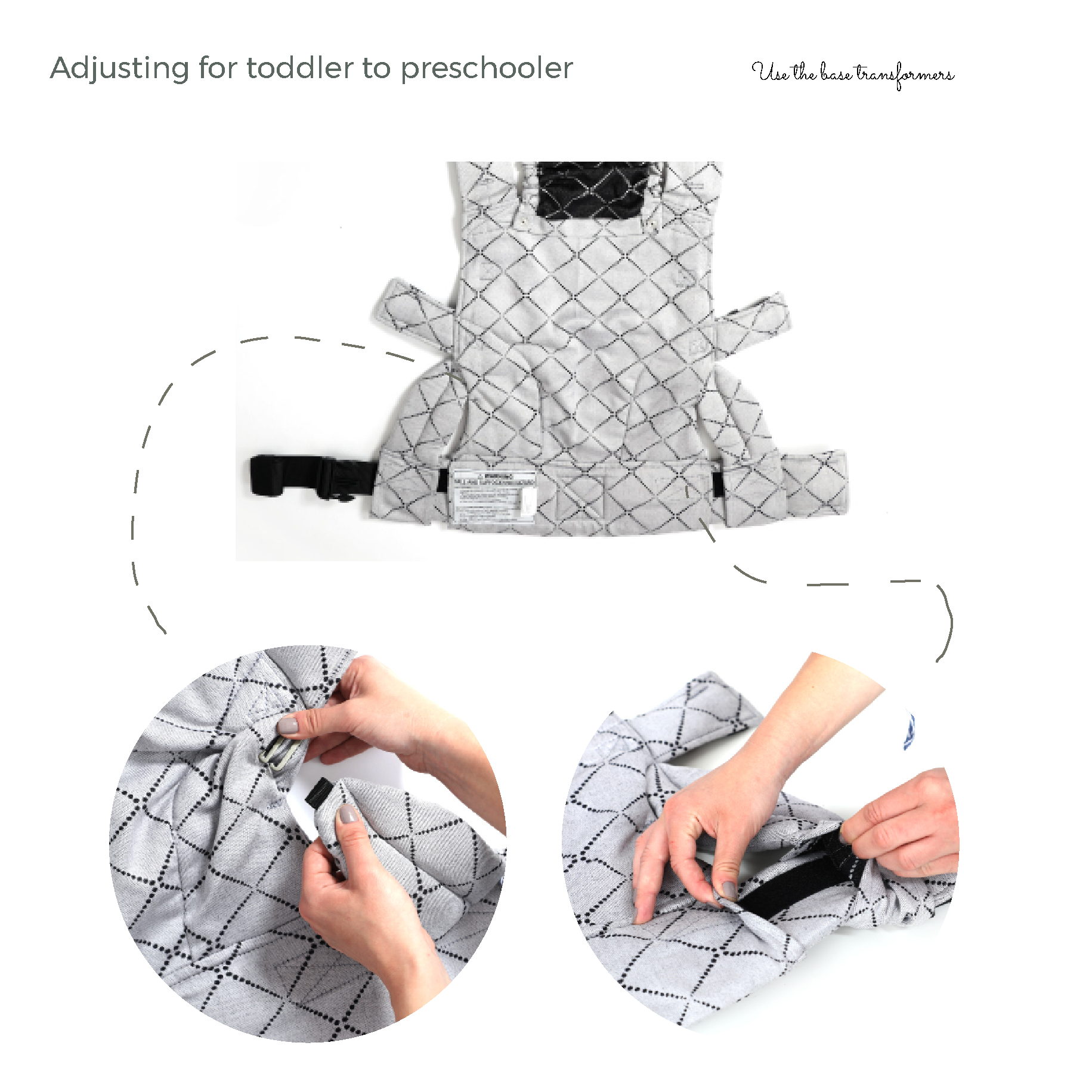 Diagrama de ajuste da Mochila Isara THE One Ajustável MISTY LINEN para crianças maiores.