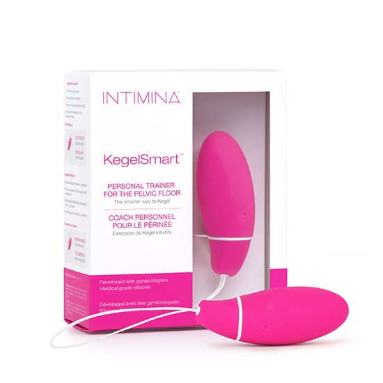 Embalagem do dispositivo KegelSmart Intimina na cor rosa com o produto exposto.