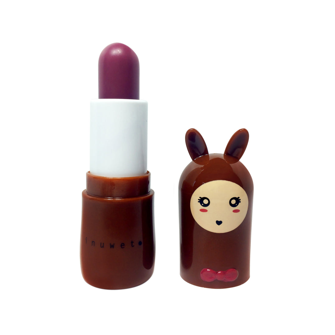 Bálsamo labial Inuwet Bunny com embalagem em forma de coelho castanho e laço rosa.