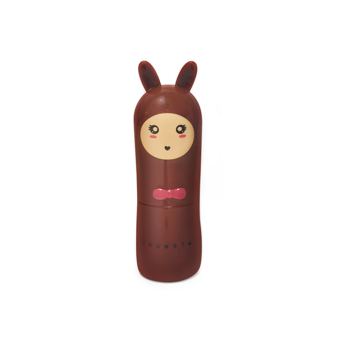 Bálsamo labial Inuwet Bunny com embalagem em forma de coelho castanho e laço rosa.