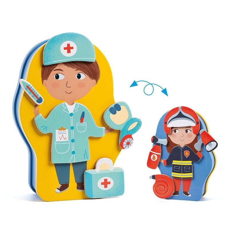 Demonstração da funcionalidade de dupla face do jogo Djeco Jobissimo, com a personagem do médico de um lado e a da bombeira do outro.