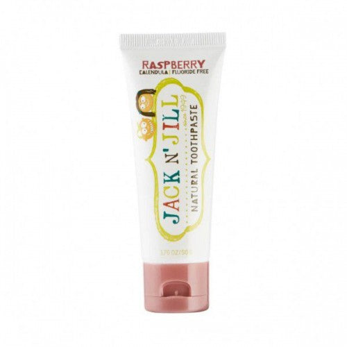 Pasta de dentes natural Jack n' Jill sabor framboesa para bebés, embalagem de 50g, com calêndula e sem flúor.
