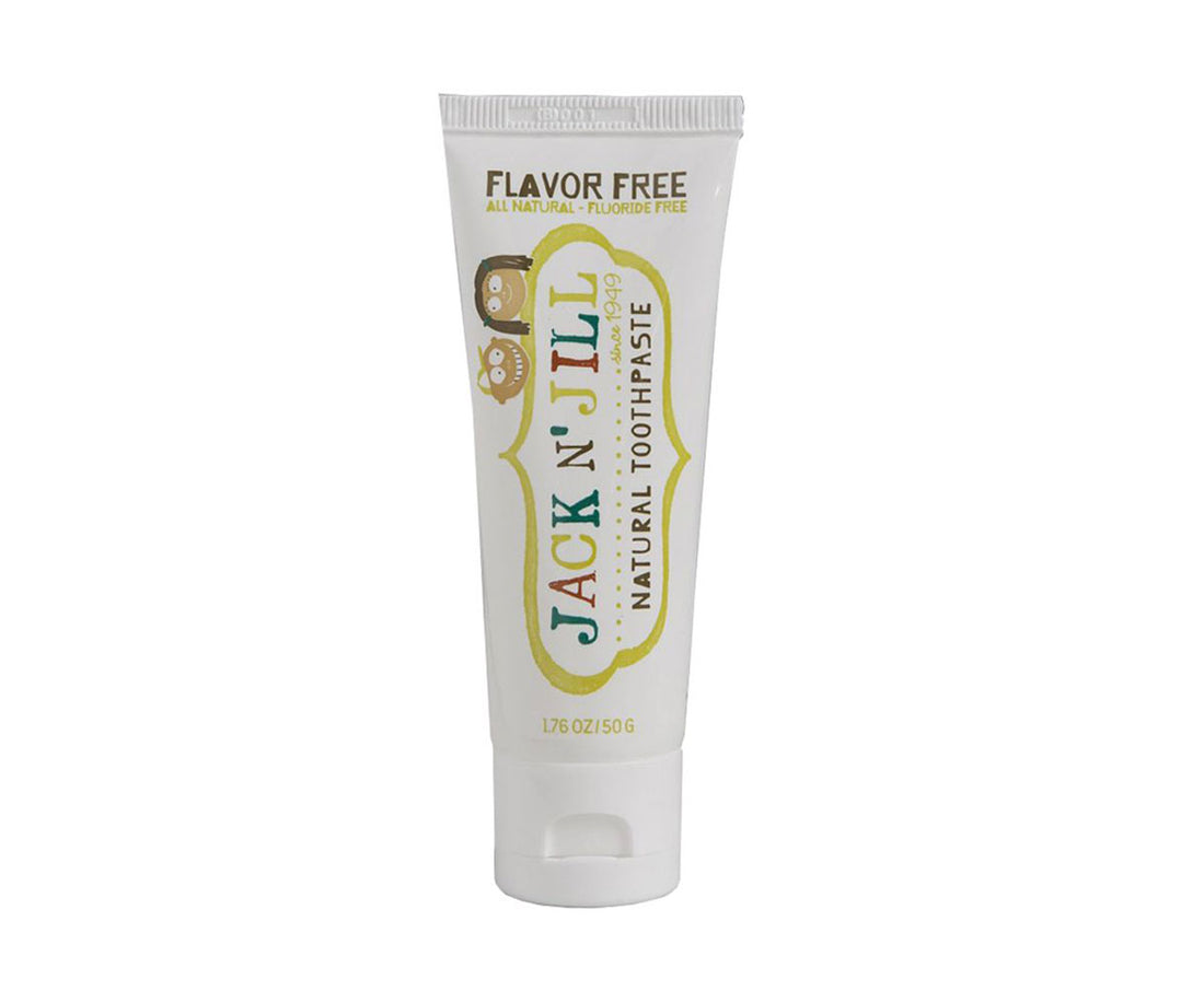 Pasta de dentes natural Jack N' Jill sem sabor, ideal para bebés e crianças com sensibilidades, embalagem livre de BPA e reciclável.