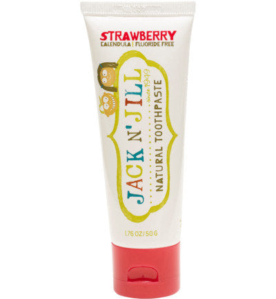 Pasta de dentes natural Jack N` Jill sabor morango, com calêndula e sem flúor, ideal para bebés e crianças pequenas.