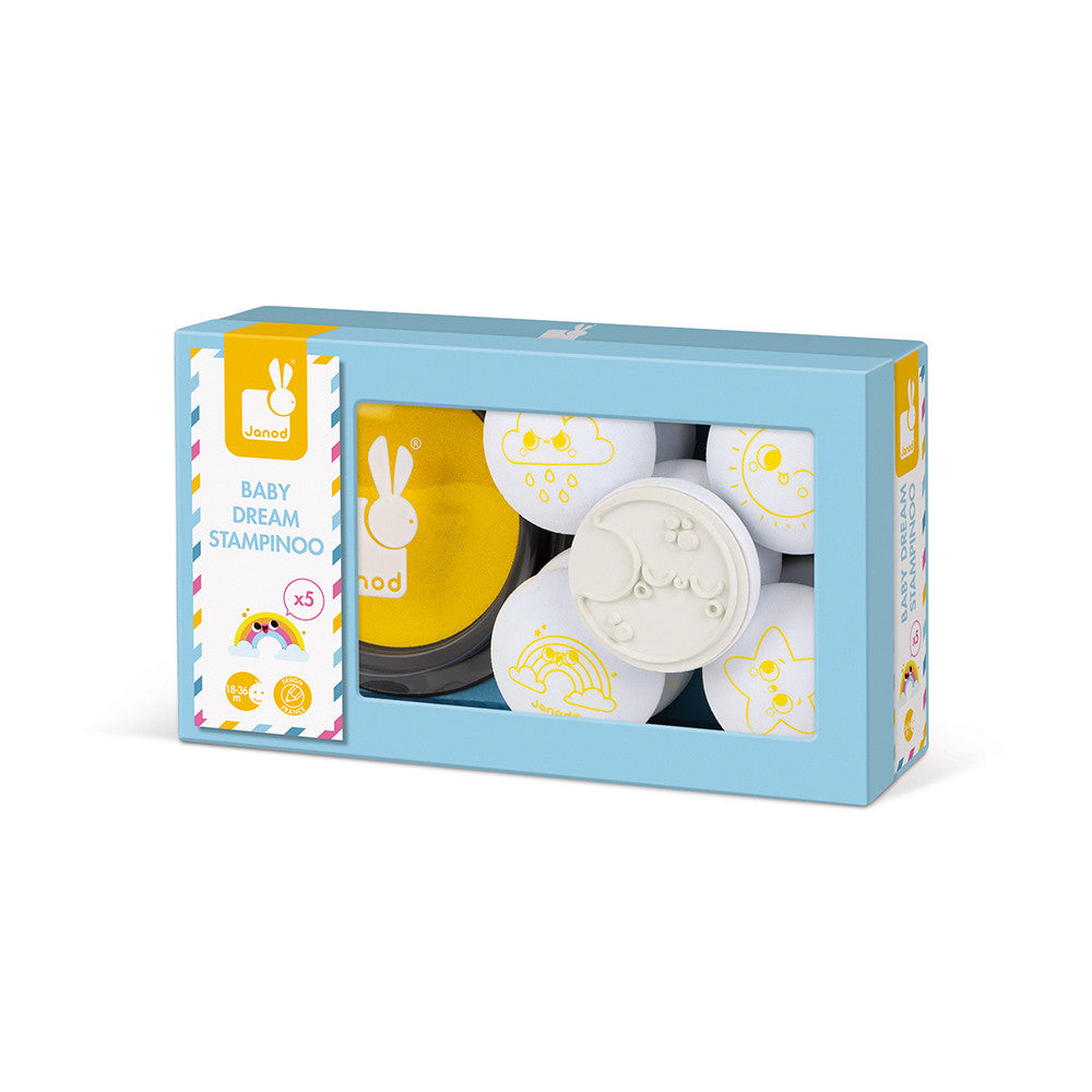 A embalagem do produto Janod Stampinoo Baby Dream, exibindo os carimbos e a almofada de tinta.