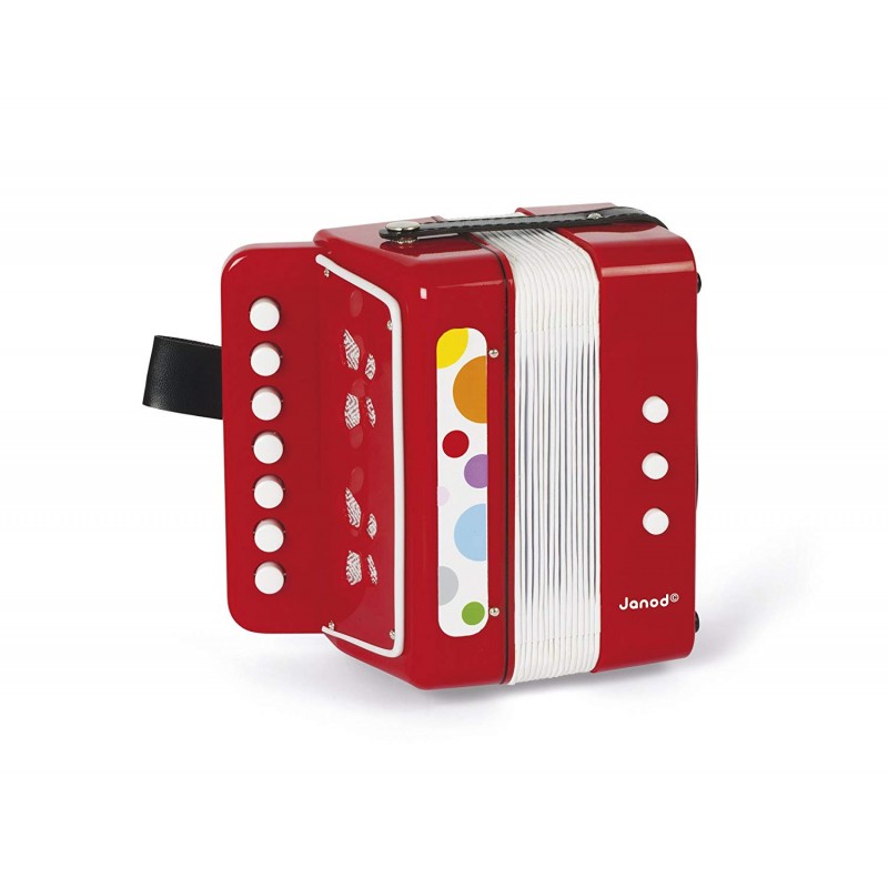 Acordeão Janod Confetti vermelho de lado, mostrando os foles e alça.
